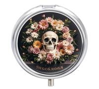 Bonsai Tree Sugar Skull Pill Box 3 Compartment Travel Pill Organizer 3 Times A Day Cute Mini Pill Case for Purse & Pocket Portable Metal Medicine Box with Mirror Round Daily Medicine Vitamin Container