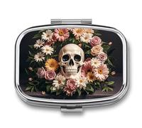 Bonsai Tree Sugar Skull Travel Pill Organizer - Daily Pill Box to Hold Vitamins, Portable Pill Case Cod Liver Oil Storage Box with 2 Compartment for Pocket Purse