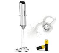 Bonsenkitchen Handheld Milk Frother with Stand, Stainless Steel Electric Coffee Whisk with Battery-Powered, Drink Mixer for Coffee, Latte, Cappuccino, Hot Chocolate,Matcha and Protein Powder, Silver