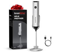 Bonsenkitchen Milk Frother Handheld with Stainless Steel Stand, Rechargeable Coffee Whisk with Dual-Layer Frother Head，3-Speed Electric Foam Maker for Latte, Cappuccino, Hot Chocolate, Matcha, Silver