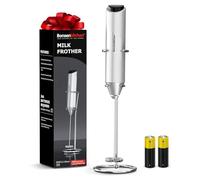 Bonsenkitchen Milk Frother Hanheld with Stand, Battery Operated, Silver | 15s Froth, Stainless Steel Whisk, Dedicated Stand, Ergonomic Handle, 2 AA Batteries