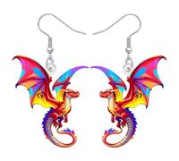 BONSNY Acrylic Fantasy Dragon Dangle Earrings, Colorful Rainbow Wings, Mythical Creature Design, Jewellery foe Women Gifts, Funny Novelty Jewellery For Women Cosplay Fantasy Events Charms (Red)
