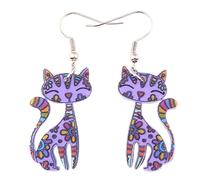 Bonsny Acrylic Long Drop Dangle Cat Earrings "CAYLEIGH Statement Pop-Art Kitten Gift Girl Women (Purple)