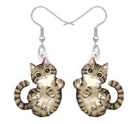 BONSNY Adorable Cute Lucky Dangle Tabby Cat Earrings, Cartoon Design, Acrylic Jewellery for Women Kitten Lovers Gifts Novelty Fun Hypoallergenic Charms (Brown)