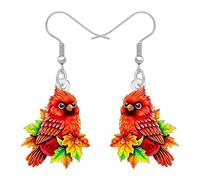 BONSNY Cardinal Bird Dangle Earrings for Women, Acrylic Red Animal Drop Jewelry, Saint Patrick Lucky Charm, Spring Garden Party Accessory, Bright Colorful Festive Holiday Outfit, Nature Lover Gift, M