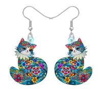 BONSNY Colorful Acrylic Dangle Cat Earrings Floral Folk Art Design Jewelry for Women Kitten Lovers Gifts Novelty Fun Hypoallergenic Charms, M, Acrylic Stainless Steel, No Gemstone