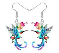 BONSNY Colorful Blue Hummingbird Earrings Birds Lovers Dangle Flower Jewellery for Women Hawaii Beach Accessories Funny Novelty Hypoallergenic Spring Summer Charms (Floral)