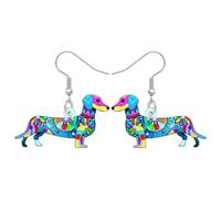 BONSNY Colorful Folk Art Dachshund Dangle Earrings Floral Pattern for Women Dogs Puppy Lovers Jewellery Funny Novelty Hypoallergenic Gifts Accessories (Blue)