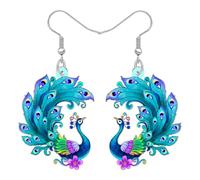 BONSNY Colorful Peacock Dangle Earrings, Turquoise Blue Acrylic Birds Design with Floral Accents, Decorative Spring Summer Hook Design, Bohemian Style,Jewellery Gifts for Women Accessories (Blue)