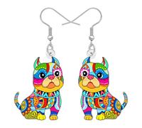 BONSNY Colorful Pit Bull Puppy Dog Dangle Earrings, Geometric Pattern, Acrylic with Silver Hook, Bohemian Style Fashion Jewellery Gifts for Women Funny Novelty Hypoallergenic Accessories (Multicolor)