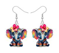 BONSNY Cute Bohemian Elephant Dangle Earrings, Traditional Indian Mandala Design, Blue and Grey, Decorative Drop Statement Jewellery,Elephant Themed Gifts for Women (Colorful)