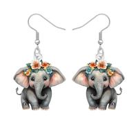 BONSNY Cute Bohemian Elephant Dangle Earrings, Traditional Indian Mandala Design, Blue and Grey, Decorative Drop Statement Jewellery,Elephant Themed Gifts for Women (Grey)