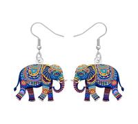BONSNY Cute Bohemian Elephant Dangle Earrings, Traditional Indian Mandala Design, Blue and Grey, Decorative Drop Statement Jewellery,Elephant Themed Gifts for Women (Blue)