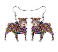 BONSNY Dog Collection “BUSTER” PIT BULL Dog Statement Acrylic Pop-Art Long Drop Dangle Women Earrings (Multoclolor)