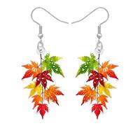 BONSNY Fall Maple Leaf Dangle Earrings, Red Orange Green pattern, Silver Hook, Nature Inspired Drop Jewellery, Autumn Leaves Design