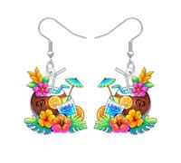 BONSNY Hawaiian Tropical Beach Dangle Earrings Summer Luau Party with Crab Float, Surfboard, Palm Tree, Coconut Drink, Seashell Rainbow Swimming ring Designs,Sandcastle Bucket Gifts Charm (Floral)