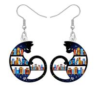 BONSNY Magical Book Cat Acrylic Earrings, Celestial Library Bookshelf with Starry Night Background, Whimsical Dangle Drop Style Back to School Teacher Jewellery Gifts for Women (Multicolor)