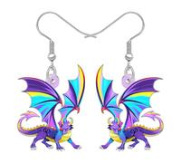 BONSNY Rainbow Dragon Dangle Earrings, Fantasy Mythical Creature Design, Colorful Wings, Funny Novelty Hypoallergenic Jewellery For Women Cosplay Fantasy Events Accessories (Purple)