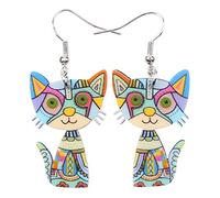 BONSNY "SHOELACE" Pop-Art Cat Collection Large Statement Long Drop Dangle Earrings (Blue)