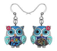 BONSNY Sweet Enamel Dangle Owl Earrings for Women Girls Jewelry Gifts Novelty Funny Charms (Blue)