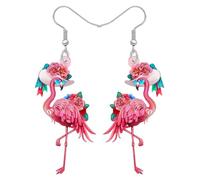 BONSNY Tropical Flamingo Dangle Earrings, Pink Birds Statement Jewellery with Hibiscus Flowers, Hawaiian Beach Style, Colorful Floral Design (Pink)