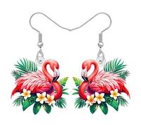 BONSNY Tropical Flamingo Dangle Earrings, Pink Birds Statement Jewellery with Hibiscus Flowers, Hawaiian Beach Style, Colorful Floral Design (Multicolor)