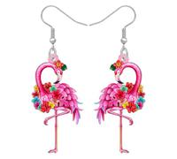 BONSNY Tropical Flamingo Dangle Earrings, Pink Birds Statement Jewellery with Hibiscus Flowers, Hawaiian Beach Style, Colorful Floral Design (Red)