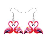 BONSNY Tropical Flamingo Dangle Earrings, Pink Birds Statement Jewellery with Hibiscus Flowers, Hawaiian Beach Style, Colorful Floral Design (Rose)