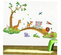 Bontannd 1pc Cartoon Jungle Wild Animal Tree Bridge Giraffe Elephant Birds Flowers Wall Stickers Kids Room Living Room Home Decor