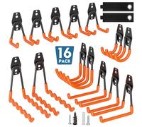 BONTEC 16 Pack Garage Hooks, Heavy Duty U, J and Wave Types, Wall Organiser | Orange steel, supports 439 kg on wood or brick, 188 kg on plasterboard, for bikes, ladders, garden tool, sheds, workshop gear
