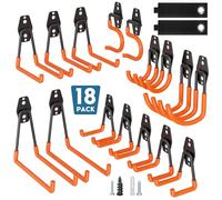 BONTEC 18 Pack Heavy Duty Orange Garage Storage Hook, Steel Wall Mount with Anti-Slip Coating, Holds 211kg Brick 502kg Drywall, U J S Designs for Tool Storage, Bike Hook, Ladder Mount, Easy Install
