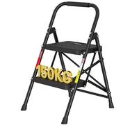 BONTEC 2 Step Ladder, Folding Steel Step Stool with Wide Anti-Slip Pedals and Sponge Handlebar, Lightweight Foldable Step Stool with Handle, Capacity 150kg, Portable Folding Ladder for Home and Office