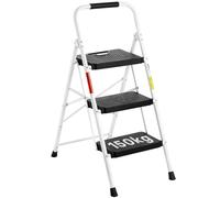BONTEC 3 Step Ladder, Capacity 150KG with Wide Anti-Slip Pedals, Folding Steel Step Stool, Sponge Handlebar, Lightweight Portable Ladder Suitable for Home, Kitchen, Pantry, Indoor/Outdoor Use, White