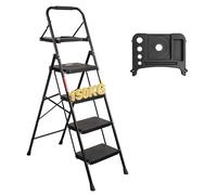 BONTEC 4 Step Ladder Folding, Heavy Duty Foldable Step Stool with Wide Anti-Slip Pedals, Sponge Handrail and Tool Tray, Portable Household Ladder 150kg Capacity, Compact Collapsible Indoor Ladder