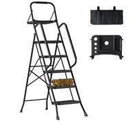BONTEC 5 Step Ladder with Tool Bag and Tray, Folding Step Ladder with Wide Anti-Slip Pedals, Handrails and Soft Grip, Foldable Metal Step Stool for Kitchen, Pantry, Garage, Up to 150KG, Black