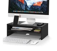 BONTEC Monitor Stand Riser, Wooden Desk Riser for Screen and Laptop, 420mm Wide PC Platform with Cable Slots, Phone Holder, 30kg Load, Ergonomic Desktop Organiser for Home Office Use