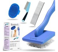 Bonteck Dog Brush Dog Grooming Kit 4PCS-Dog Slicker Brush For Grooming | Long Pin Brush For Dematting | Deshedding Dog Brush | Dog Bath Brush | Flea Comb | Dog Comb | Long Haired Dog Brush,Large(Blue)