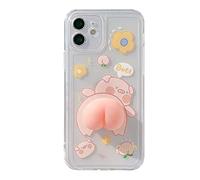 BONTOUJOUR Phone Case for iPhone 13 Pro Max, Funny Novelty Waving 3D Squeezable Peach Butt Piggy Pattern Happy Pig Case Transparent Soft TPU Silicone Rubber Case Help Relax