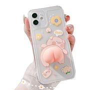 BONTOUJOUR Phone Case for iPhone 16 Pro, Funny Novelty Waving 3D Squeezable Peach Butt Piggy Pattern Happy Pig Case Transparent Soft TPU Silicone Rubber Case Help Relax