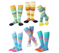 Bonuci 6 Pairs Rainbow Toe Socks Christmas Women Cotton Knee High Toe Sock Separated Striped Pride Long LGBT Sock, Multicolor, One size