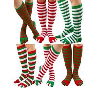 Bonuci 6 Pairs Rainbow Toe Socks Women Cotton Knee High Separated Striped Long LGBT Pride Sock, Christmas Colors, One size