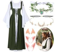 Bonuci 6 Pcs Medieval Renaissance Fairy Costume Women Halloween Elf Cosplay Outfits Victorian Dress Elf Ears Fairy Headpiece, Olive Green, Small/ Medium
