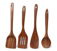 BONUMVITA 4 Pack Wooden Spatula Set, Teakwood Wooden Spatula for Cooking, Long Handle Wood Cooking Utensils for Non-Stick Cookware, Cast Iron Pan