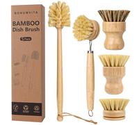 BONUMVITA 5 Pack Bamboo Dish Brush Set, Wooden Dish Brush with 14’’ Bottle Brush, Natural Kitchen Scrub Brush for Dishes Pots, Pans, Sinks, Woks, Vegetables