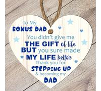 Bonus Dad Heart Plaque - MDF Wood | "Thank You for Stepping Up" | Sentimental Gift for Stepfather | 3 Sizes Approx. 10cm - 15cm - 23cm (Medium: 15 cm (H) × 13 cm (W))