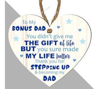 Bonus Dad Heart Plaque - MDF Wood | "Thank You for Stepping Up" | Sentimental Gift for Stepfather | 3 Sizes Approx. 10cm - 15cm - 23cm (Small: 10 cm (H) × 9 cm (W))