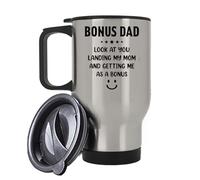 Bonus Dad Mug Funny Gift - Step Dad Gift Mug - “Look At You Landing My Mom” Message - Father’s Day, Birthday Gift for Stepdad, Insulated Travel Mug, Coffee Mug. (Silver)