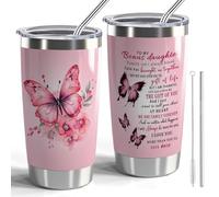 Bonus Daughter Gift Step Daughter Insulated Tumblers from Stepmom Unbiological Daughter Gifts to My Bonus Daughter 20oz Stainless Steel Tumbler with Lid and Straw (Pink Butterfly-Bonus Daughter)