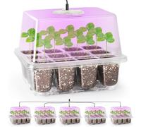 Bonviee 5 Packs Seed Starter Tray with Grow Light, Elevated Seedling Starter Trays Kits with Adjustable Humidity Domes and Clear Cell Tray, 12 Full Spectrum led lamp Beads for Plants Indoor-Clear