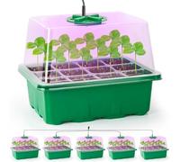 Bonviee 5 Packs Seed Starter Tray with Plant Light, Elevated Seedling Starter Trays Kits with Adjustable Humidity Domes and Clear Cell Tray, 12 Full Spectrum led lamp Beads for Plants Indoor-Green